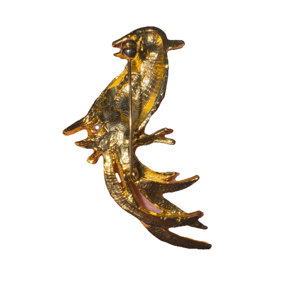PARROT PIN BROOCH GOLD TONE ENAMEL RHINESTONES Vtg - Picture 2 of 5